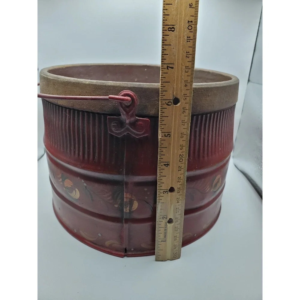 Antique Primitive Tole Painted Red Metal 'Fire Proof' Bucket RARE Unusual